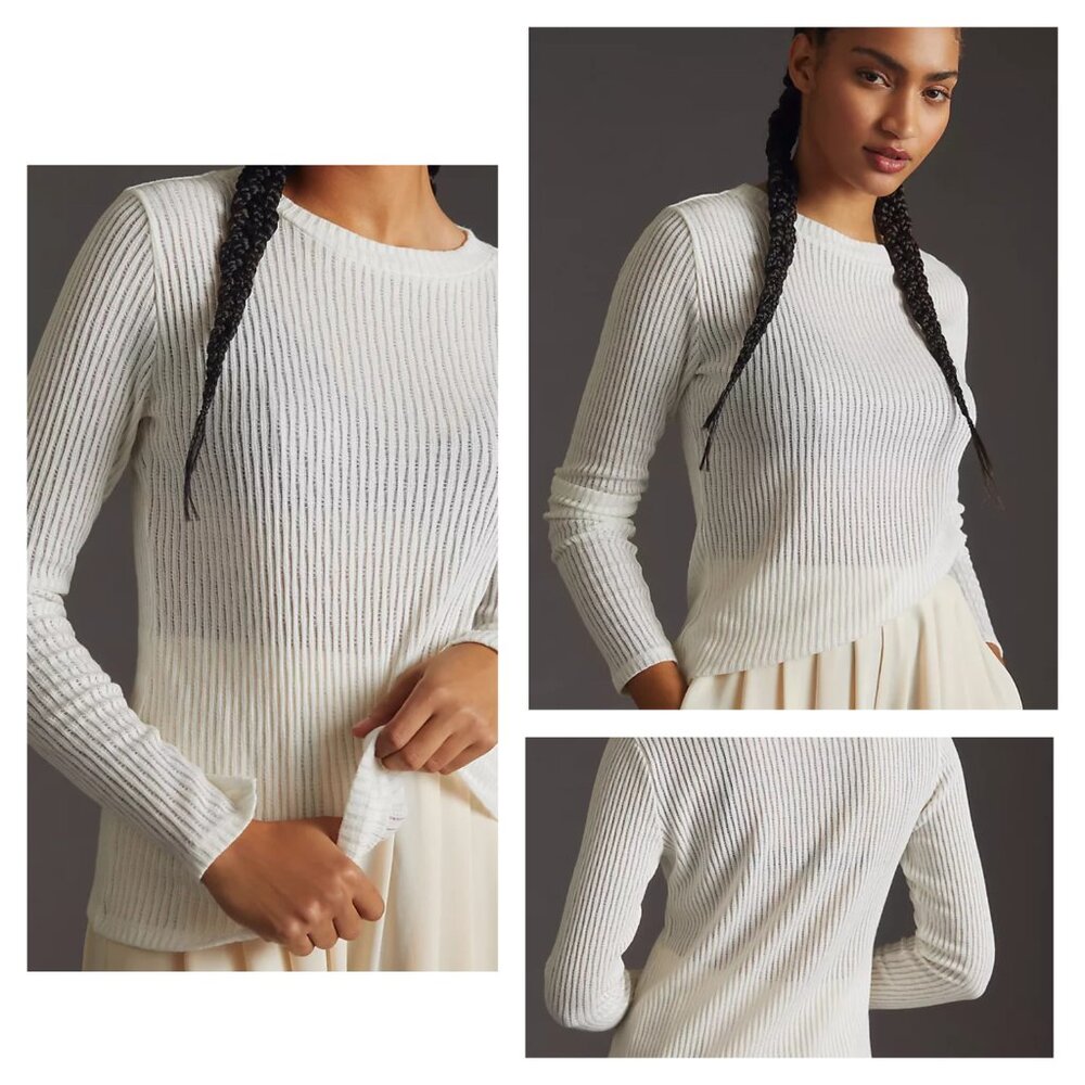 PILCRO S Creamy White Ribbed Sheer Layering Top